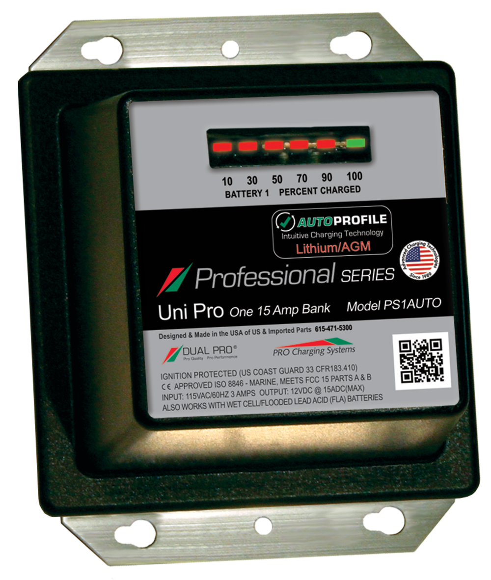 DualPRO PS1AUTO Professional Series 1-Bank 15A 12V Marine Battery Charger, AutoProfile Lithium/AGM Auto-Detect