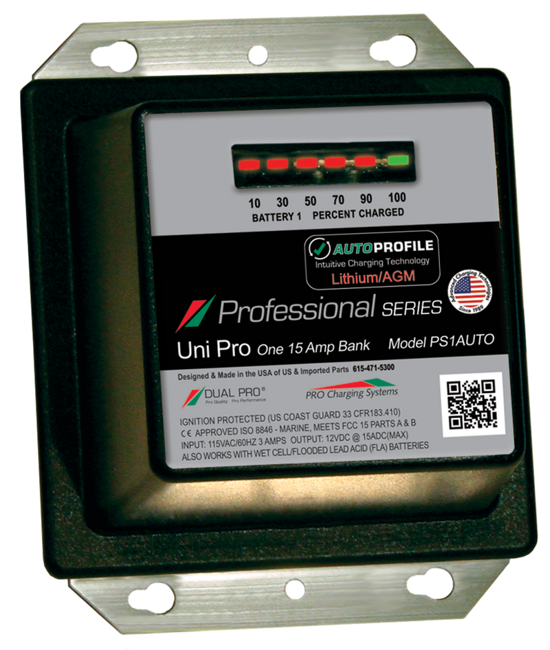 DualPRO PS1AUTO Professional Series 1-Bank 15A 12V Marine Battery Charger, AutoProfile Lithium/AGM Auto-Detect