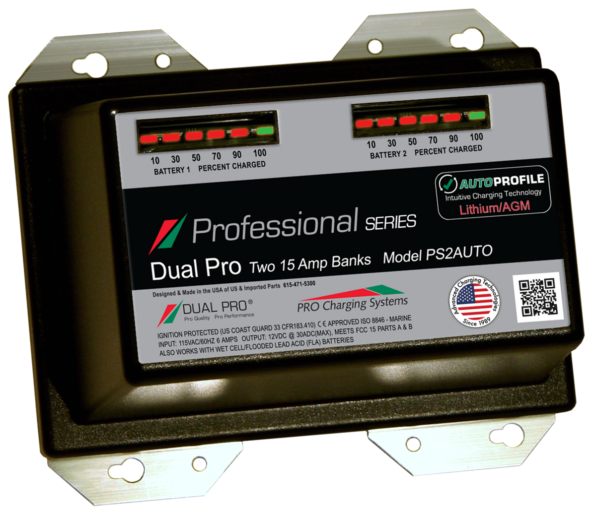 DualPRO PS2AUTO Professional Series 2-Bank 30A (2 x 15A) 12V/24V Marine Battery Charger, AutoProfile Lithium/AGM Auto-Detect