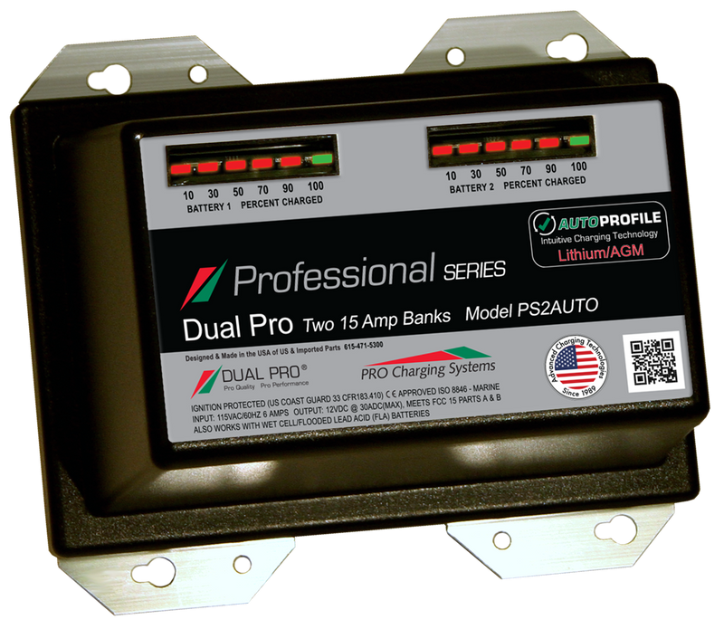 DualPRO PS2AUTO Professional Series 2-Bank 30A (2 x 15A) 12V/24V Marine Battery Charger, AutoProfile Lithium/AGM Auto-Detect