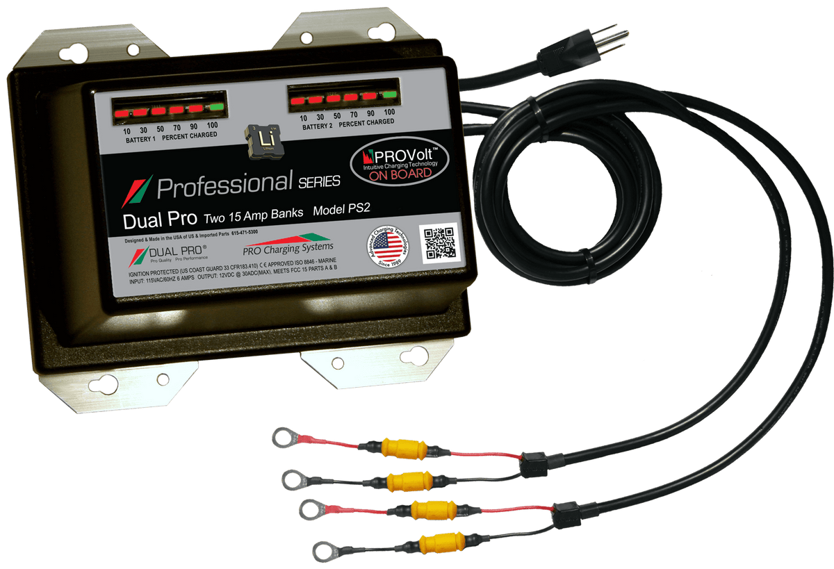 DualPRO PS2AUTO Professional Series 2-Bank 30A (2 x 15A) 12V/24V Marine Battery Charger, AutoProfile Lithium/AGM Auto-Detect