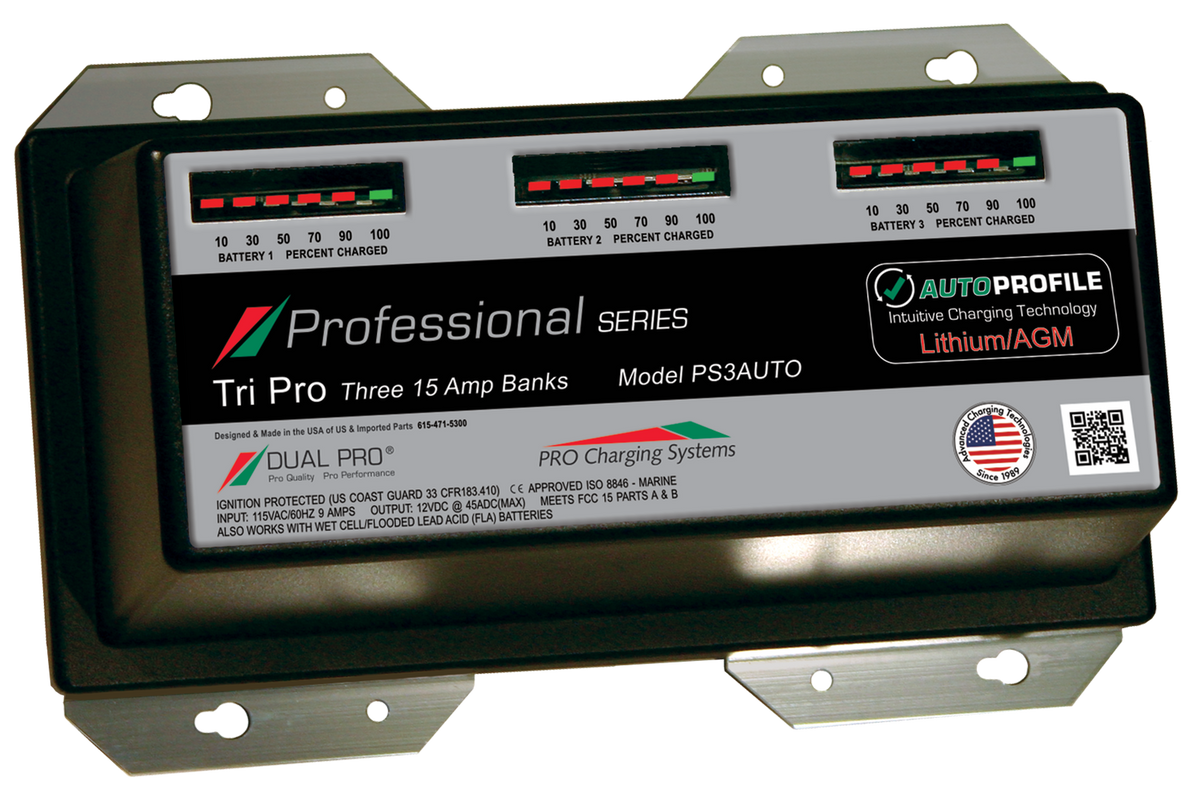 DualPRO PS3AUTO Professional Series 3-Bank 45A (3 x 15A) 12V/36V Marine Battery Charger, AutoProfile Lithium/AGM Auto-Detect