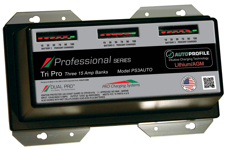 DualPRO PS3AUTO Professional Series 3-Bank 45A (3 x 15A) 12V/36V Marine Battery Charger, AutoProfile Lithium/AGM Auto-Detect