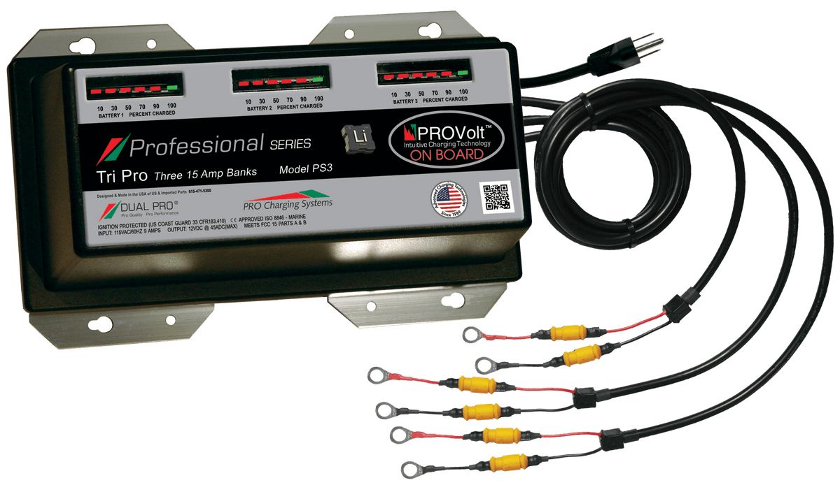 DualPRO PS3 Professional Series 3-Bank 45A (3 x 15A) 12V/36V Marine Battery Charger