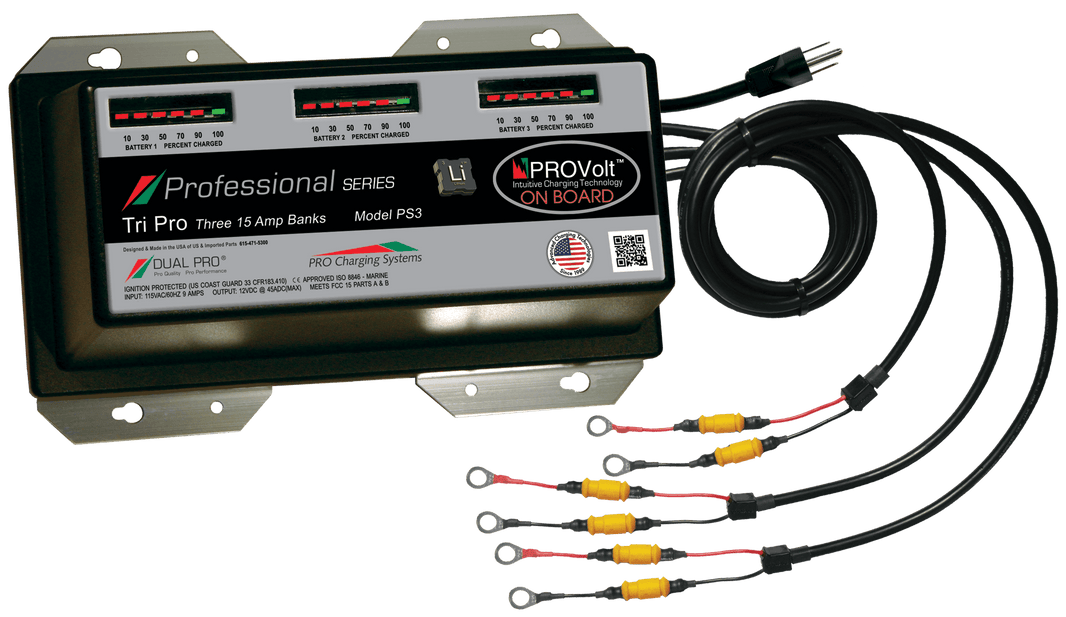 DualPRO PS3AUTO Professional Series 3-Bank 45A (3 x 15A) 12V/36V Marine Battery Charger, AutoProfile Lithium/AGM Auto-Detect