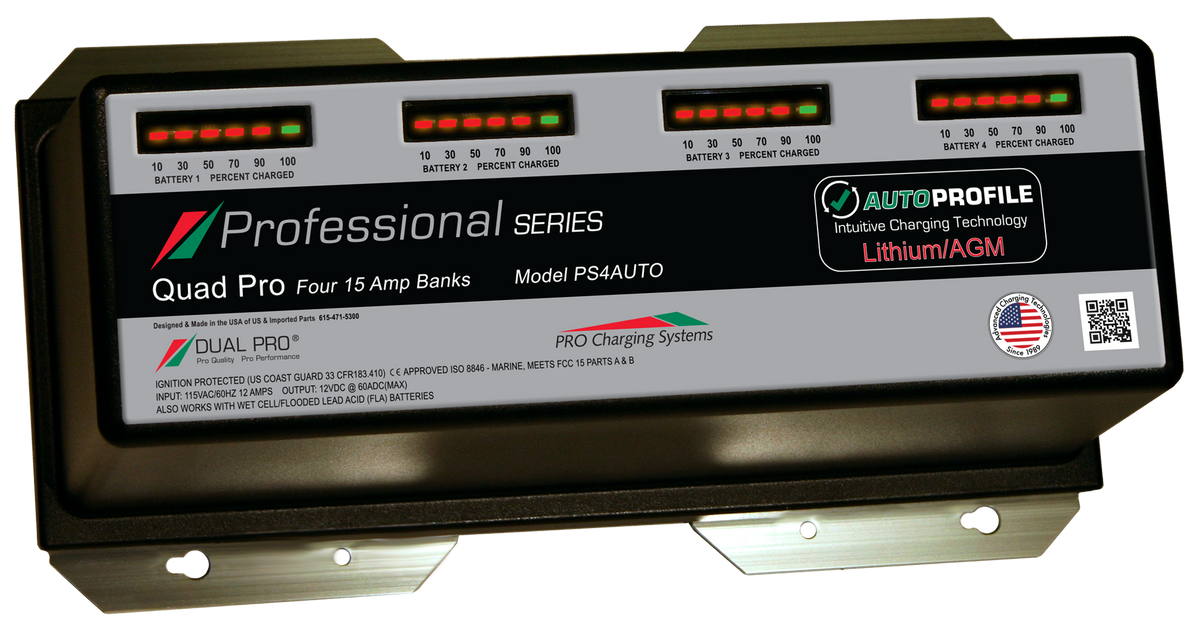 DualPRO PS4AUTO Professional Series 4-Bank 60A (4 x 15A) 12V/48V Marine Battery Charger, AutoProfile Lithium/AGM Auto-Detect