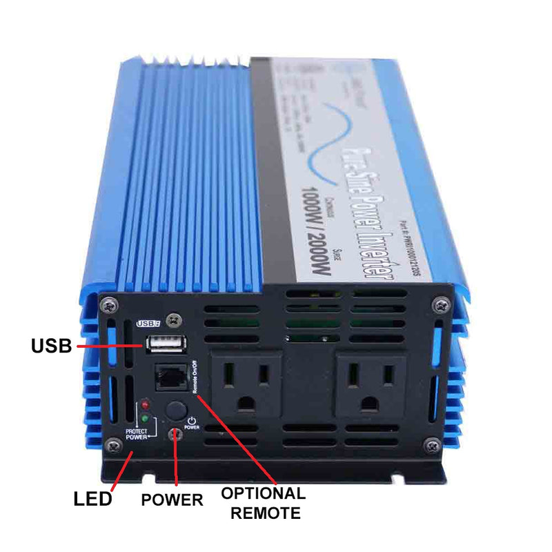 AIMS Power 1000W Pure Sine Power Inverter 12V with USB and Remote Port - view 3
