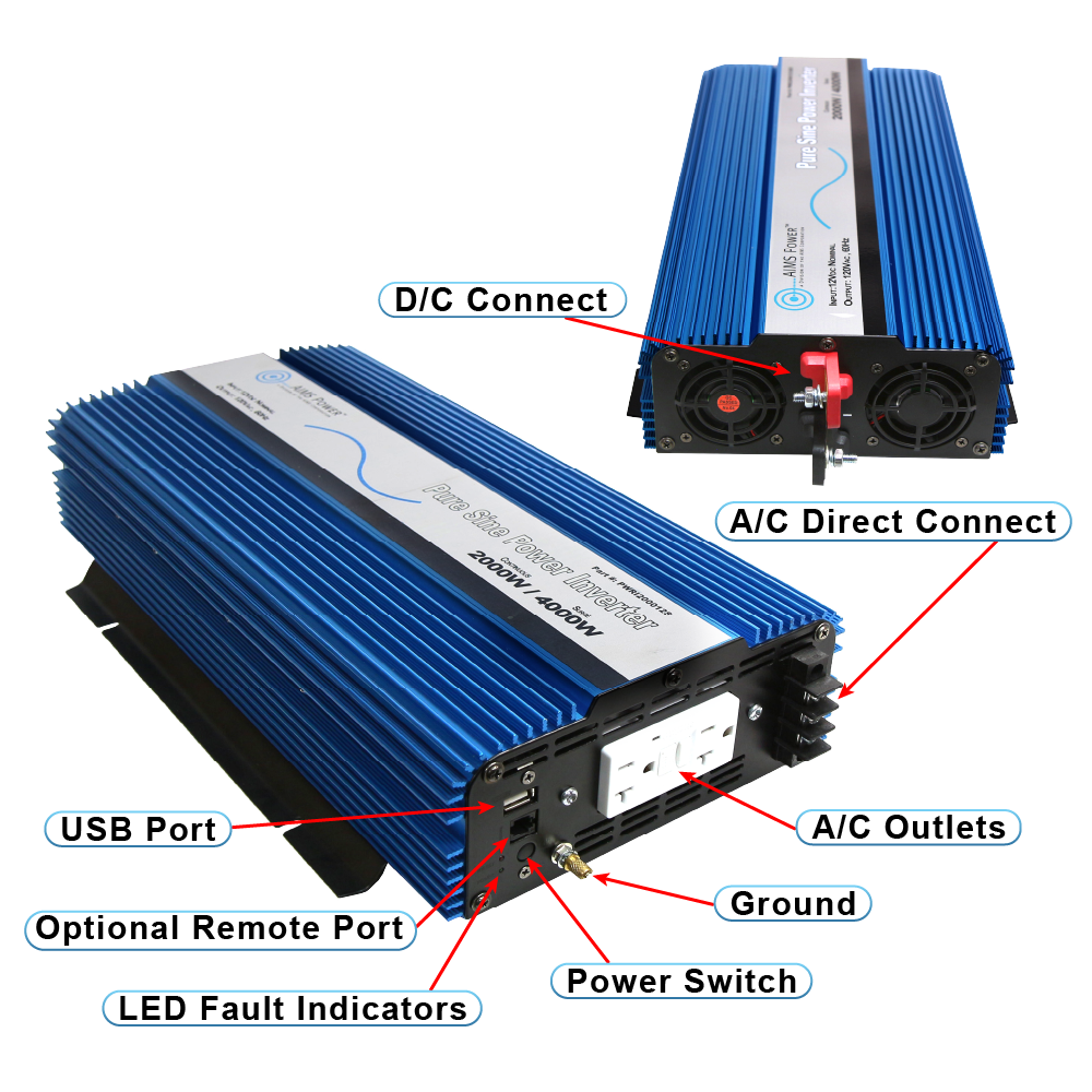 AIMS Power 2000W Pure Sine Power Inverter 12V with USB and Remote Port - view 2