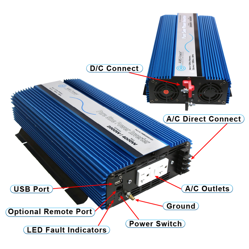 AIMS Power 2000W Pure Sine Power Inverter 12V with USB and Remote Port - view 2