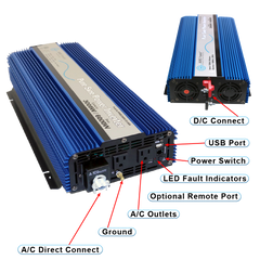 AIMS Power 3000W Pure Sine Inverter Kit with Remote, Fuse and Cables - view 4