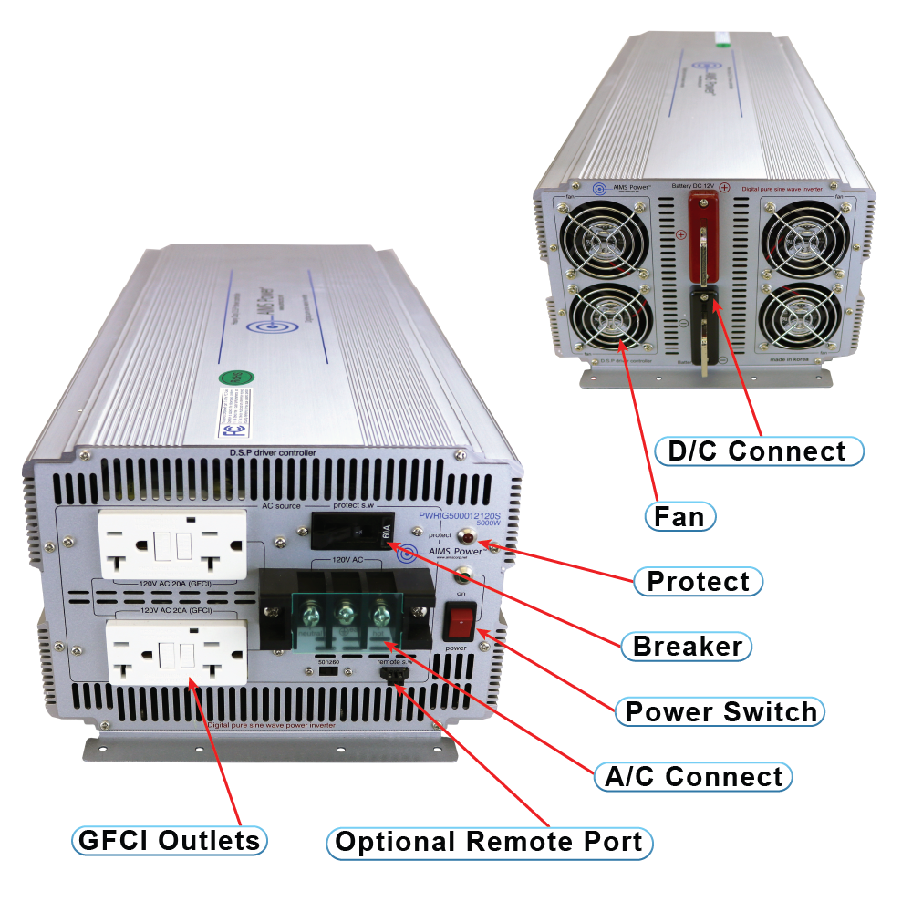 AIMS Power 5000W Industrial Pure Sine Power Inverter 12V - view 2