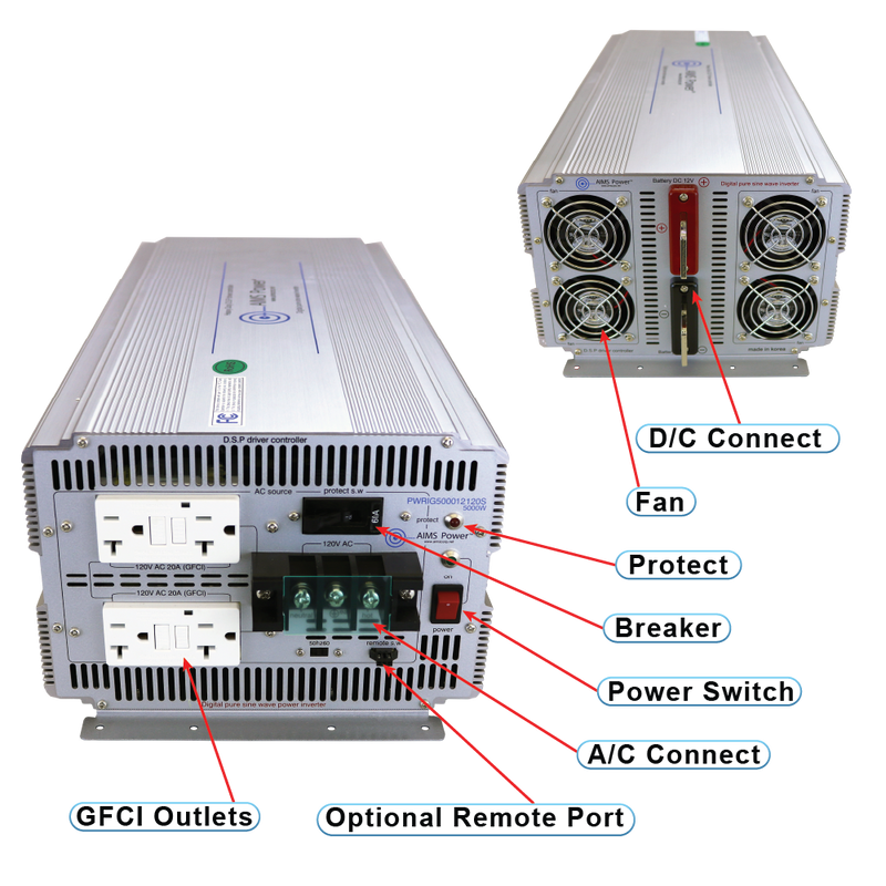 AIMS Power 5000W Industrial Pure Sine Power Inverter 12V - view 2