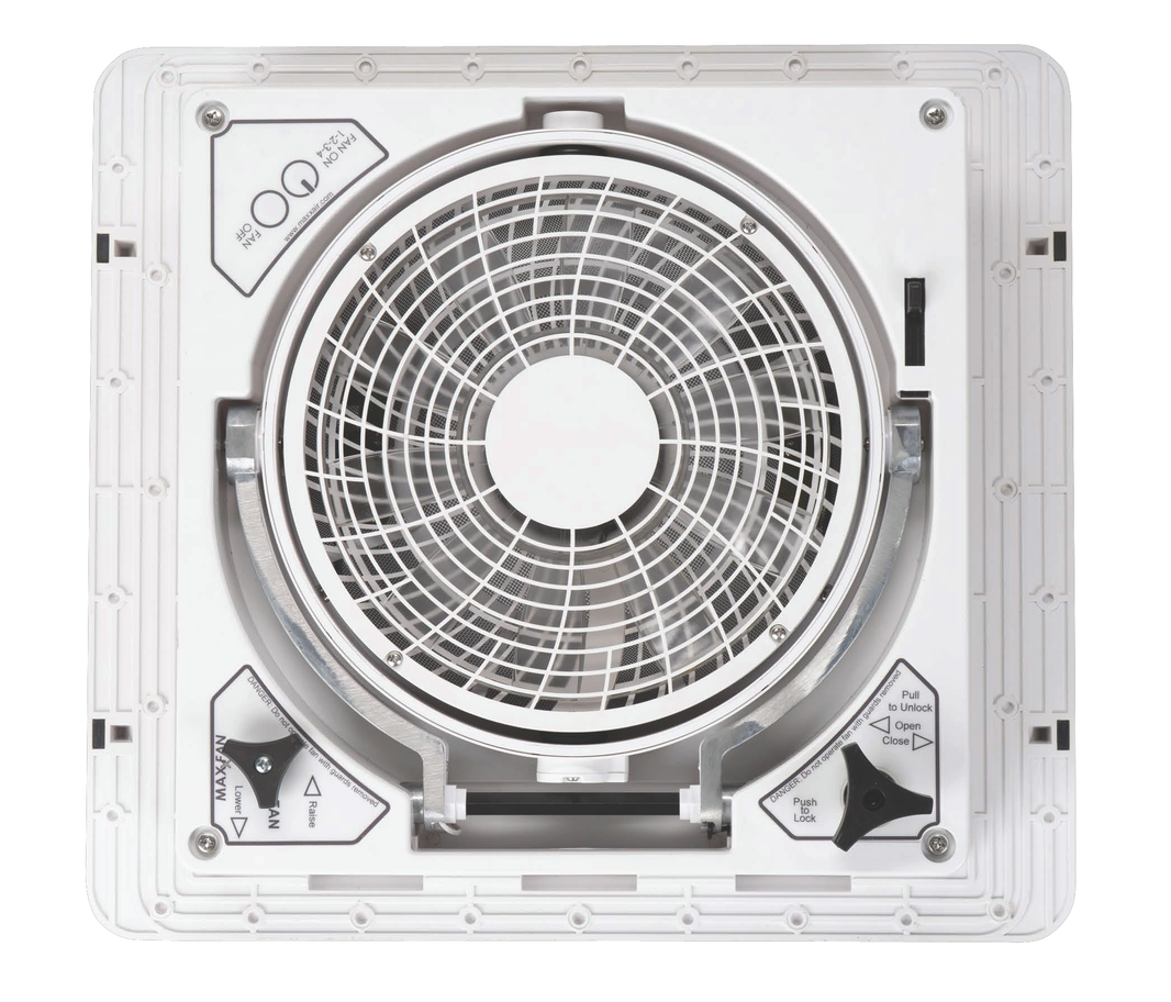MaxxAir MaxxFan Pivot 14" RV Roof Vent Fan with Drop-Down Pivoting Fan Head, 4-Speed, 400 CFM, White Lid