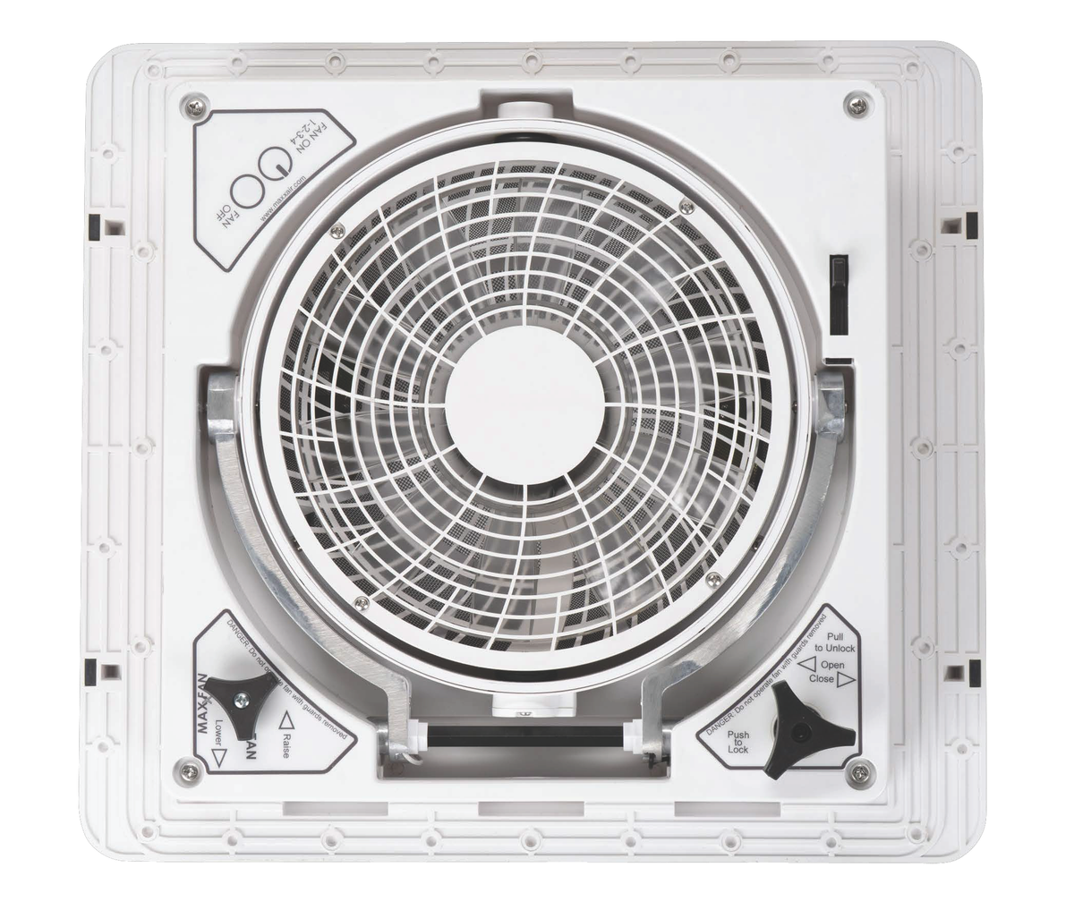 MaxxAir MaxxFan Pivot 14" RV Roof Vent Fan with Drop-Down Pivoting Fan Head, 4-Speed, 400 CFM, White Lid