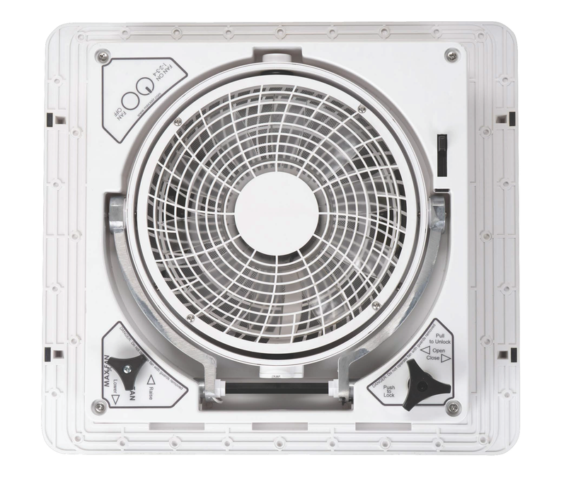 MaxxAir MaxxFan Pivot 14" RV Roof Vent Fan with Drop-Down Pivoting Fan Head, 4-Speed, 400 CFM, White Lid