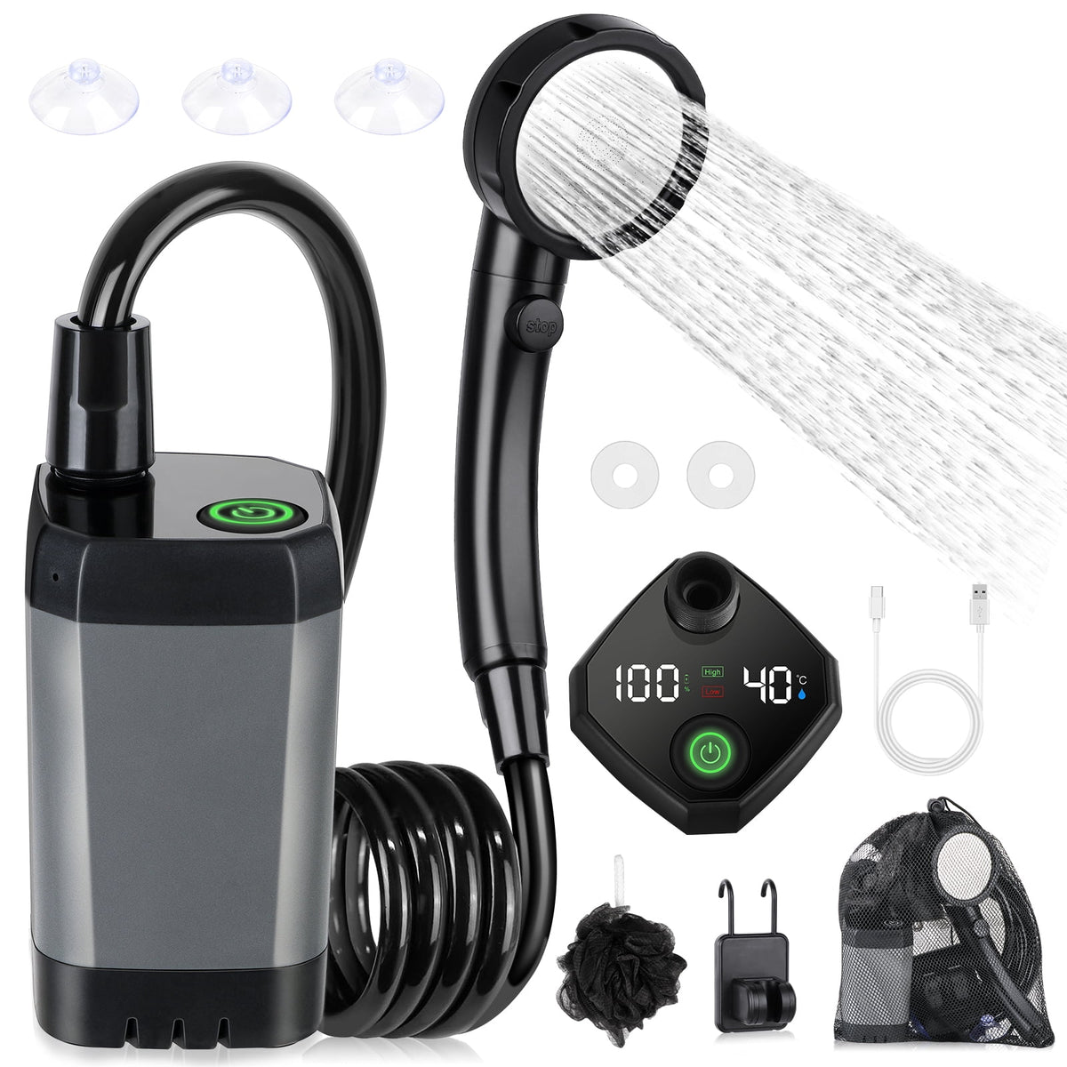 Rechargeable portable camping shower pump