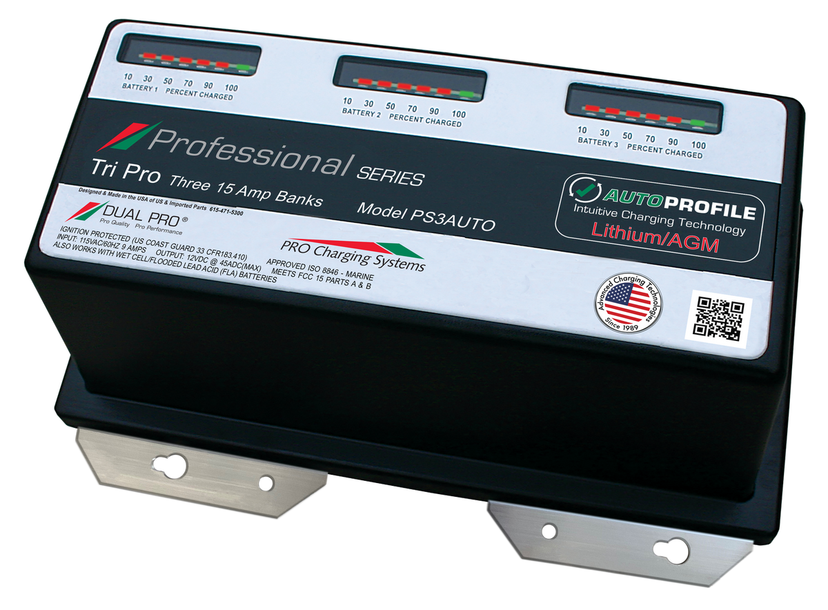 DualPRO PS2AUTO Professional Series 2-Bank 30A (2 x 15A) 12V/24V Marine Battery Charger, AutoProfile Lithium/AGM Auto-Detect