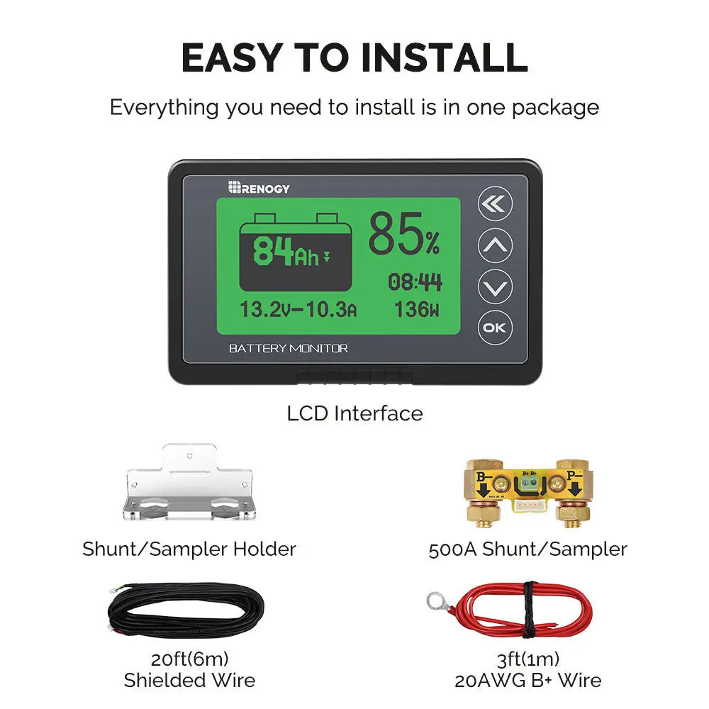 Renogy 500A battery monitor display with shunt and cable