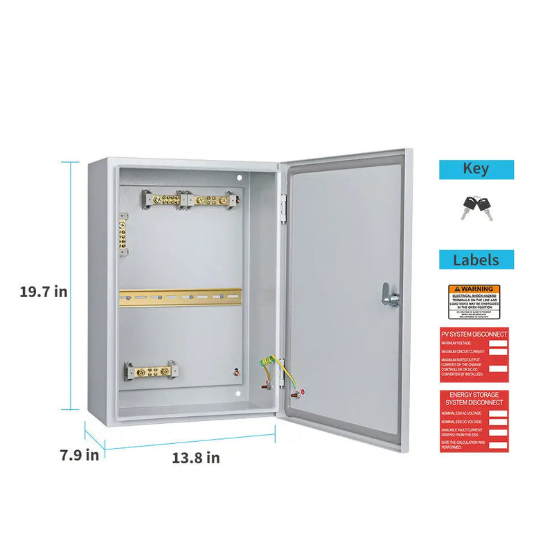 Renogy DC circuit breaker box with the door open showing the DIN rail