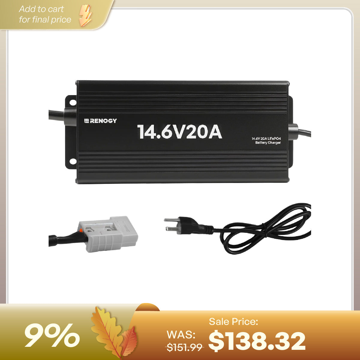 Renogy AC-to-DC LFP portable battery charger with clip cables