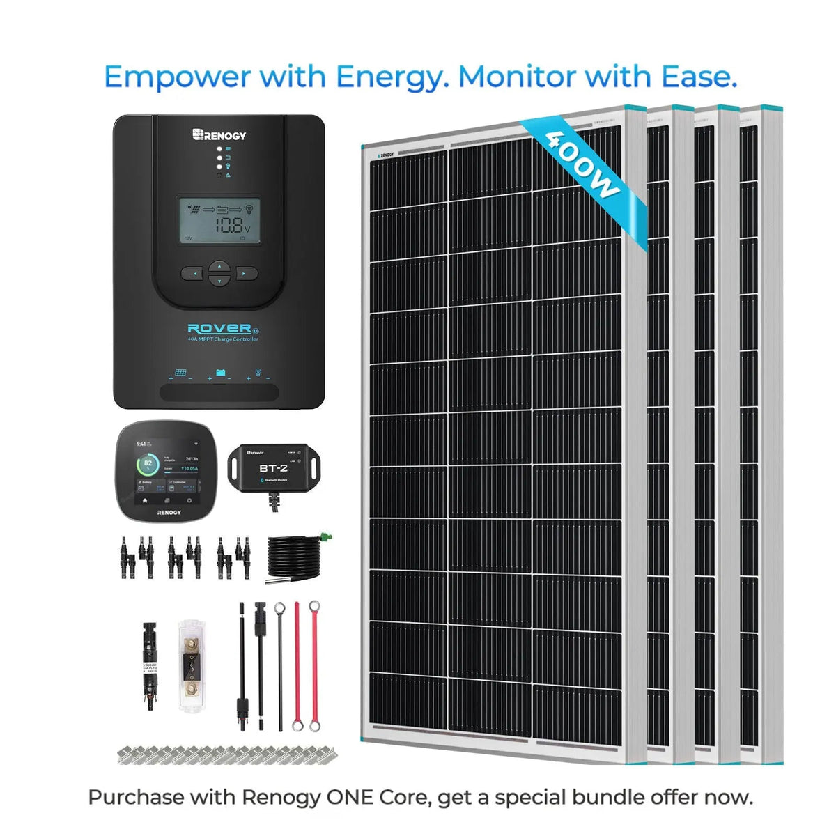 Renogy 400W 12V solar panel kit with four panels and MPPT controller