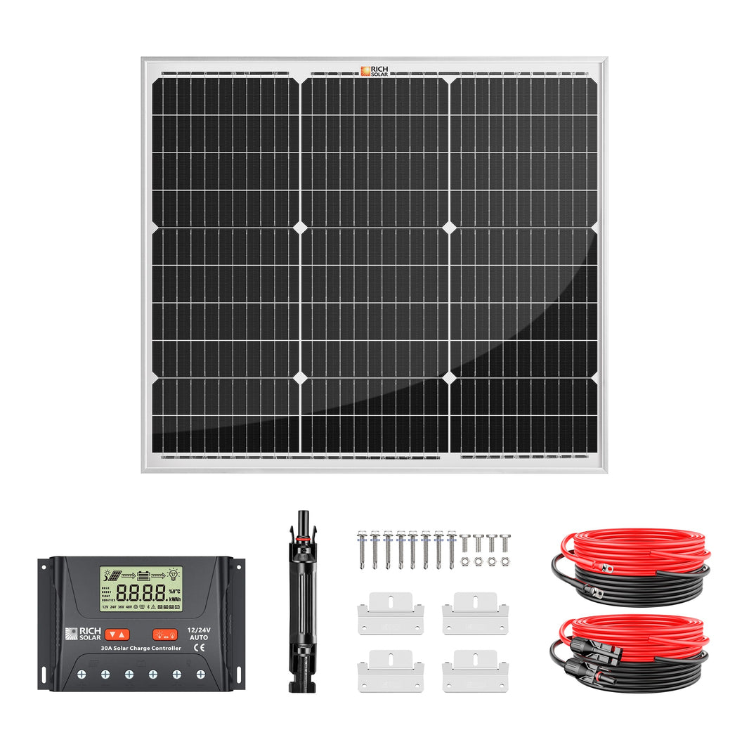 Rich Solar 50 Watt Solar Kit Includes 50W Solar Panel + 30A PWM Solar Controller + Wires and Brackets