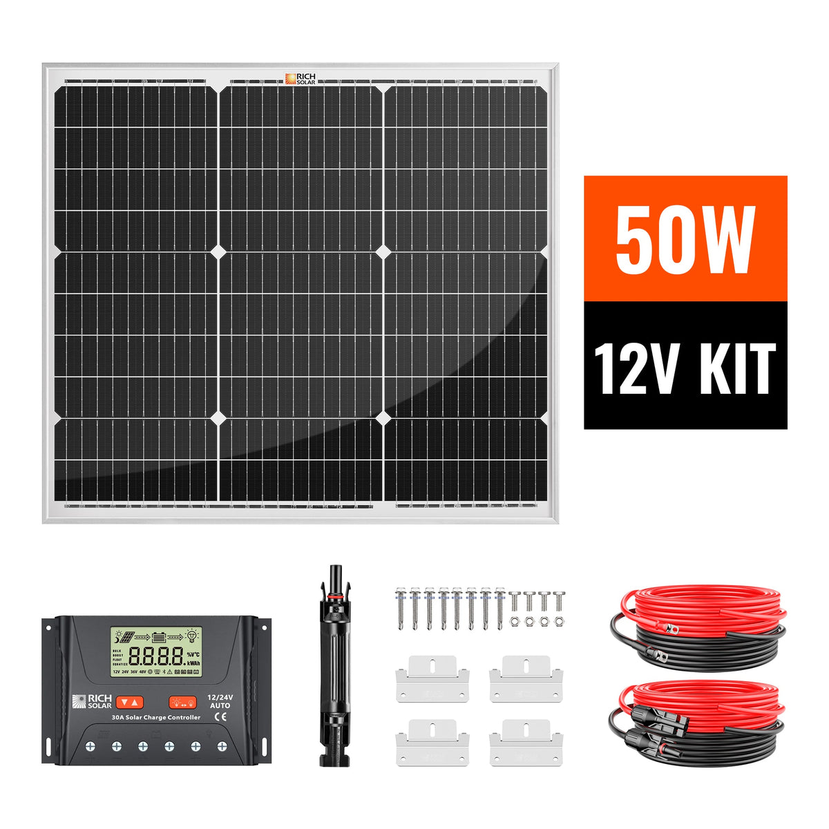 Rich Solar 50 Watt Solar Kit Includes 50W Solar Panel + 30A PWM Solar Controller + Wires and Brackets