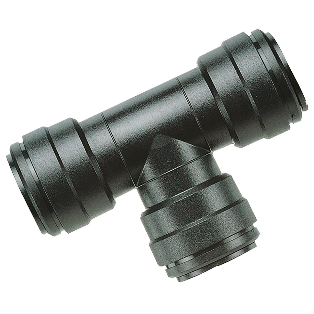 Black push-fit equal tee fitting for RV water lines