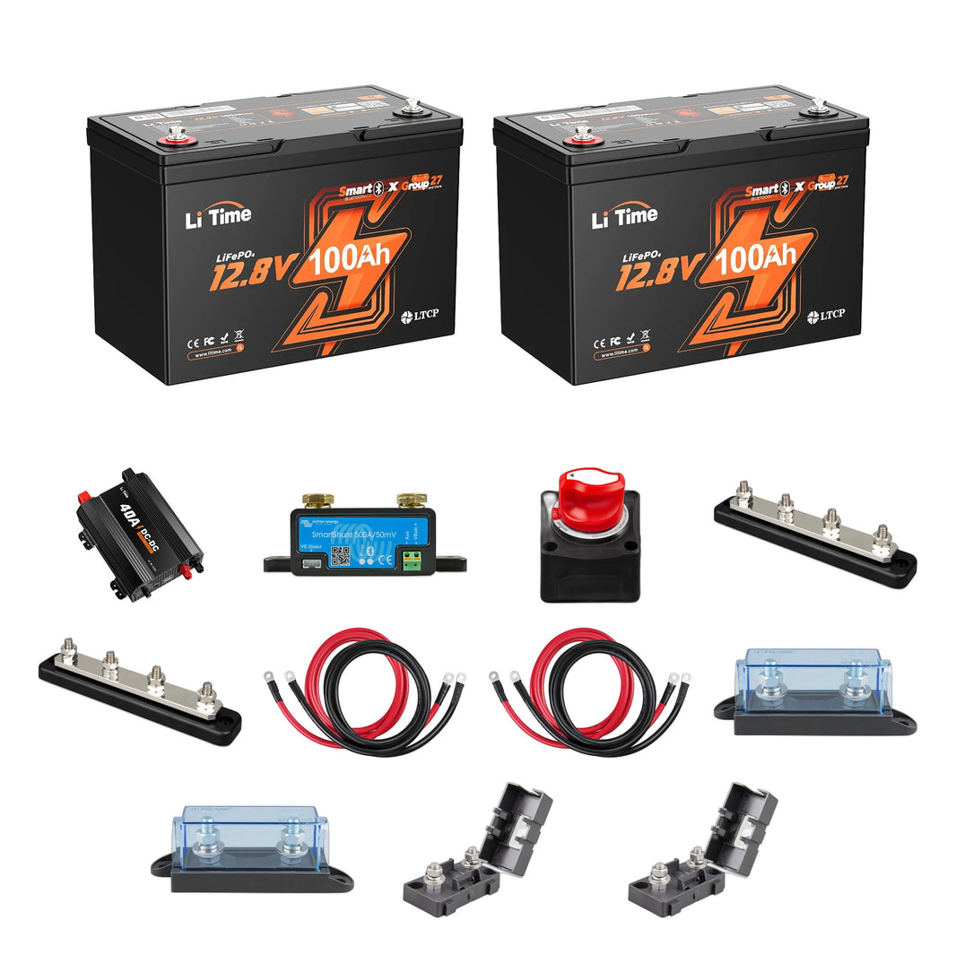 LiTime 200Ah Travel Trailer Lithium Swap Kit: everything in the kit - 2 x LiTime 12V 100Ah Group 27 Bluetooth batteries, LiTime 12V 40A DC-DC charger, Victron SmartShunt 500A, Victron 275A battery switch, 2 x Victron busbars, 2 x Renogy 2/0 AWG battery cable pairs, 2 x MEGA-fuse holders, 2 x MIDI-fuse holders