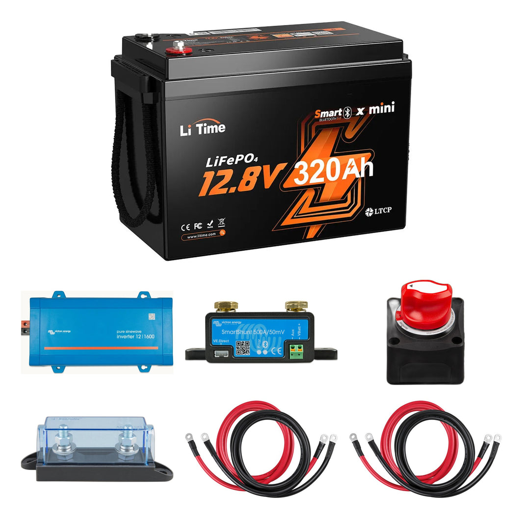 LiTime 320Ah Boondocking Power Kit: everything in the kit - LiTime 12V 320Ah Mini Bluetooth battery, Victron Phoenix 12/1600 VE.Direct 120V inverter, Victron SmartShunt 500A, Victron 275A battery switch, MEGA-fuse holder, 2 x Renogy 2/0 AWG battery cable pairs