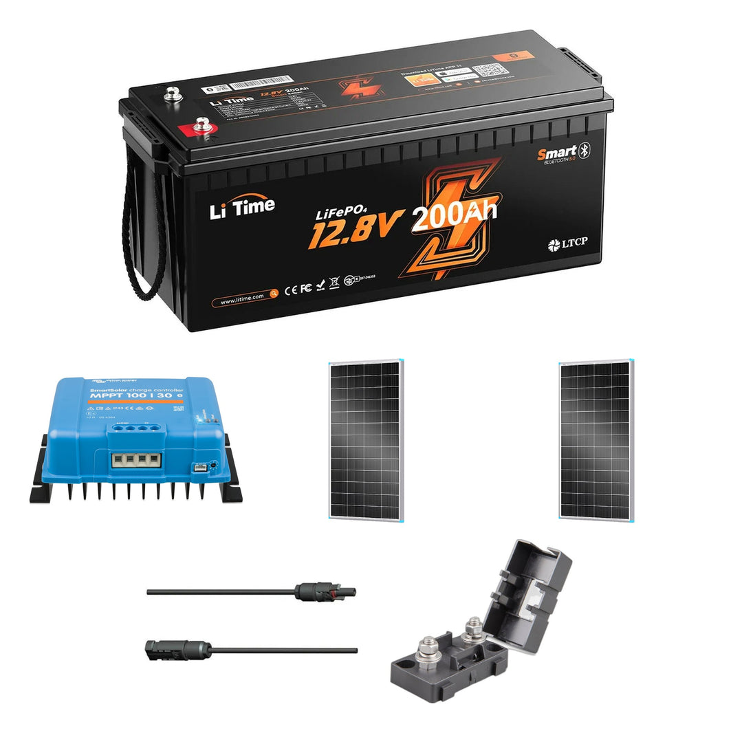 LiTime 200Ah RV Solar Starter Kit: everything in the kit - LiTime 12V 200Ah Bluetooth battery, Victron SmartSolar MPPT 100/30, 2 x Renogy 200W N-type solar panels, Renogy 20 ft MC4 adaptor kit, MIDI-fuse holder