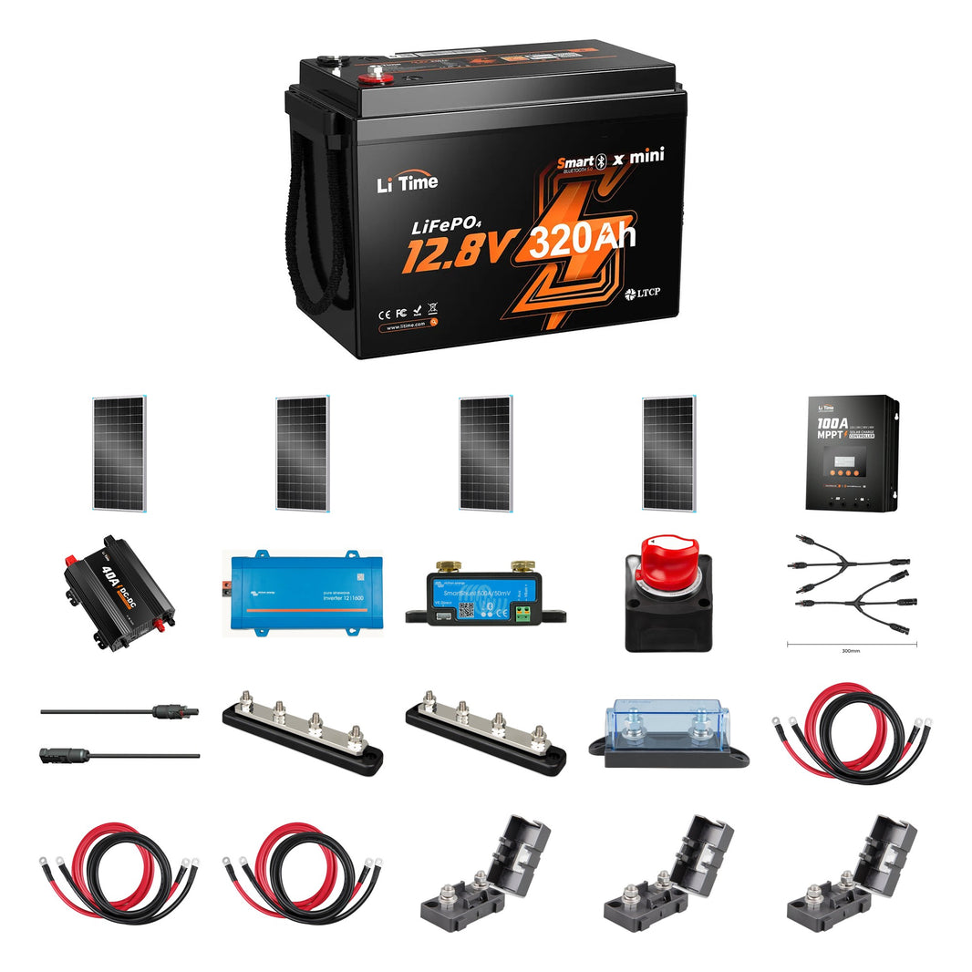 LiTime 320Ah Off-Grid RV Power System: everything in the kit - LiTime 12V 320Ah Mini Bluetooth battery, 4 x Renogy 200W N-type solar panels, LiTime 100A MPPT controller, LiTime 12V 40A DC-DC charger, Victron Phoenix 12/1600 inverter, Victron SmartShunt 500A, Victron 275A battery switch, Renogy MC4 branch connectors, Renogy 30 ft MC4 adaptor kit, 2 x Victron busbars, MEGA-fuse holder, 3 x Renogy battery cable pairs, 3 x MIDI-fuse holders