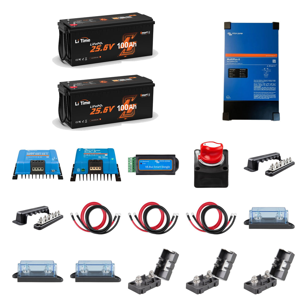 LiTime 24V 200Ah RV House Bank Kit: everything in the kit - 2 x LiTime 24V 100Ah Bluetooth batteries, Victron MultiPlus-II 24/3000/70-50 120V inverter/charger, Victron SmartSolar MPPT 150/35, Victron Orion-Tr Smart 12/24-15 isolated DC-DC charger, Victron VE.Bus Smart dongle, Victron 275A battery switch, 2 x Victron 6-point busbars, 3 x Renogy battery cable pairs, 3 x MEGA-fuse holders, 3 x MIDI-fuse holders