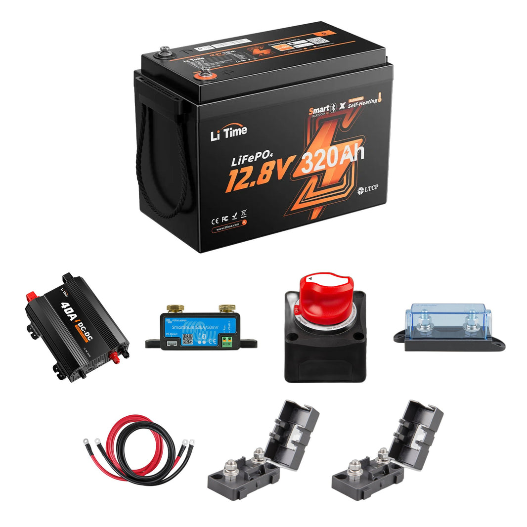 LiTime LiHeat 320Ah Four-Season Lithium Swap Kit: everything in the kit - LiTime LiHeat 12V 320Ah Mini self-heating battery, LiTime 12V 40A DC-DC charger, Victron SmartShunt 500A, Victron 275A battery switch, MEGA-fuse holder, Renogy 2/0 AWG battery cable pair, 2 x MIDI-fuse holders