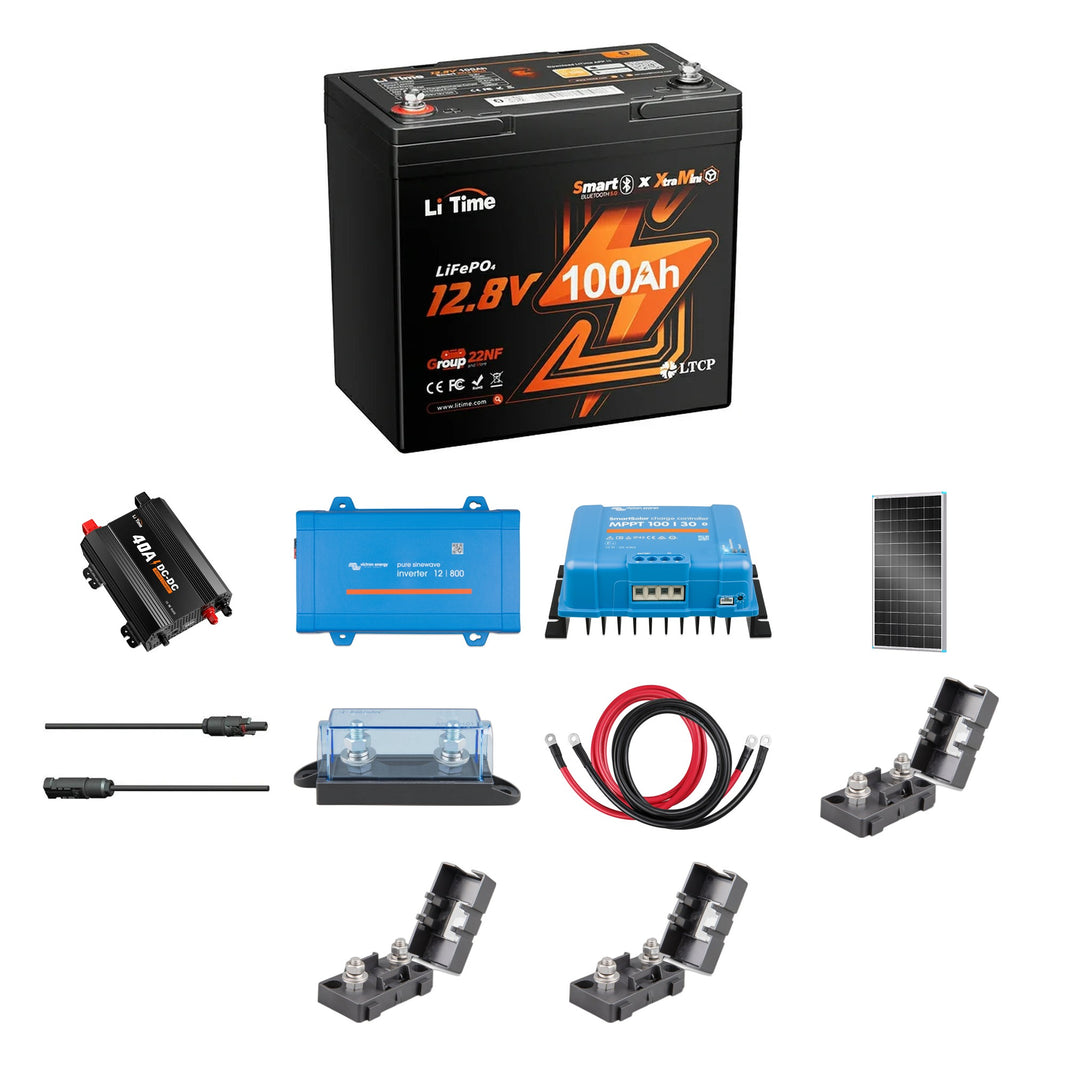 LiTime 100Ah Van & Truck Camper Power Kit: everything in the kit - LiTime 12V 100Ah Xtra-Mini Bluetooth battery, LiTime 12V 40A DC-DC charger, Victron Phoenix 12/800 VE.Direct 120V inverter, Victron SmartSolar MPPT 100/30, Renogy 200W N-type solar panel, Renogy 10 ft MC4 adaptor kit, MEGA-fuse holder, Renogy 4 AWG battery cable pair, 3 x MIDI-fuse holders