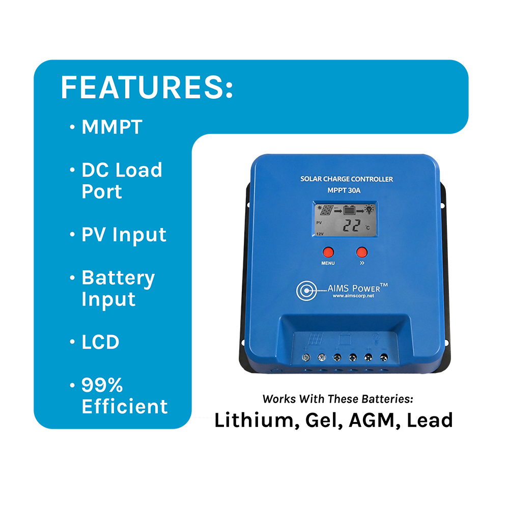 AIMS Power 30A MPPT Solar Charge Controller with LCD and USB - view 3