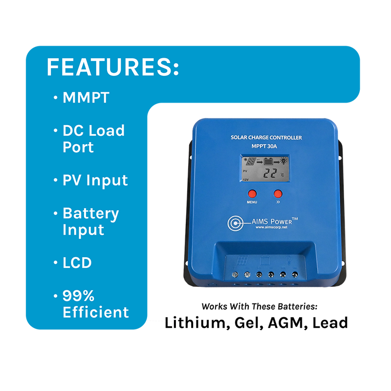 AIMS Power 30A MPPT Solar Charge Controller with LCD and USB - view 3