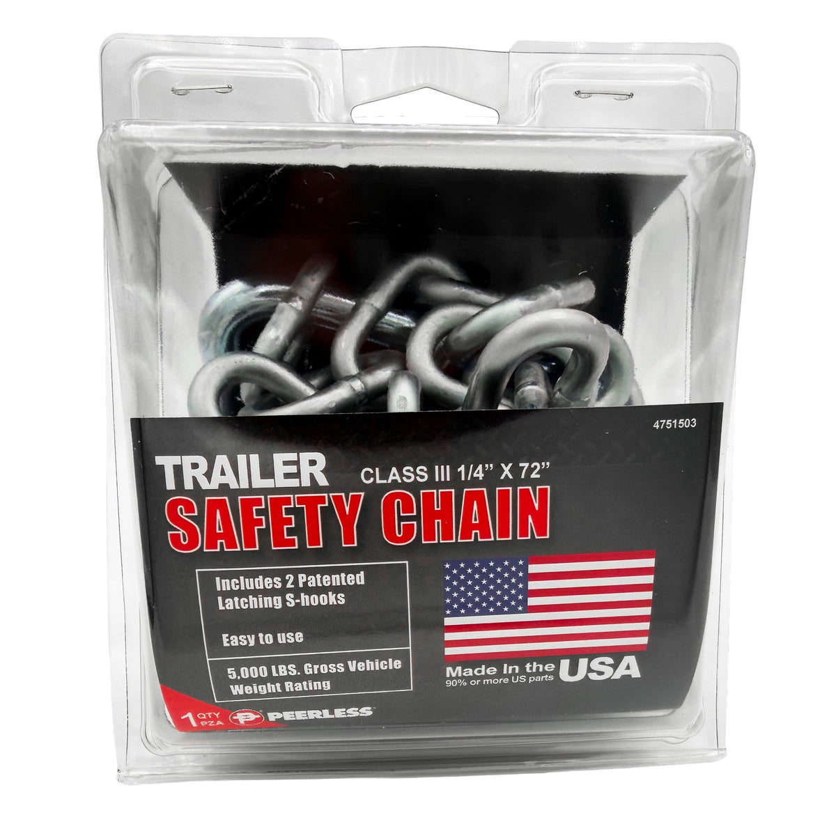Peerless trailer safety chain 1/4 x 72 with latching S-hooks