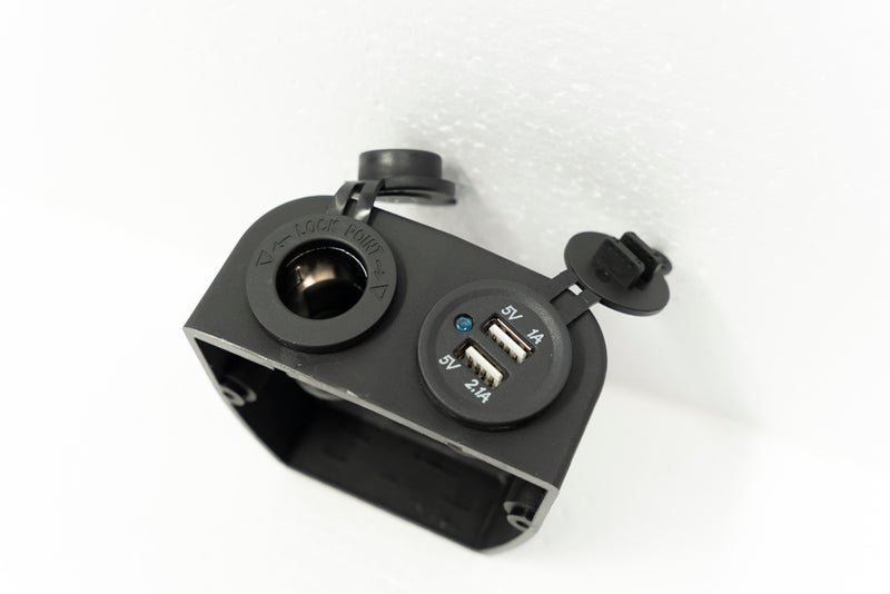 Dual USB A & Cigarette Power Plugs - Wall / Surface Mount - 12v