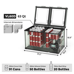 ICECO VL60D 63 qt dimensions, 31.2 x 19.5 x 18.9 in, holds 91 cans