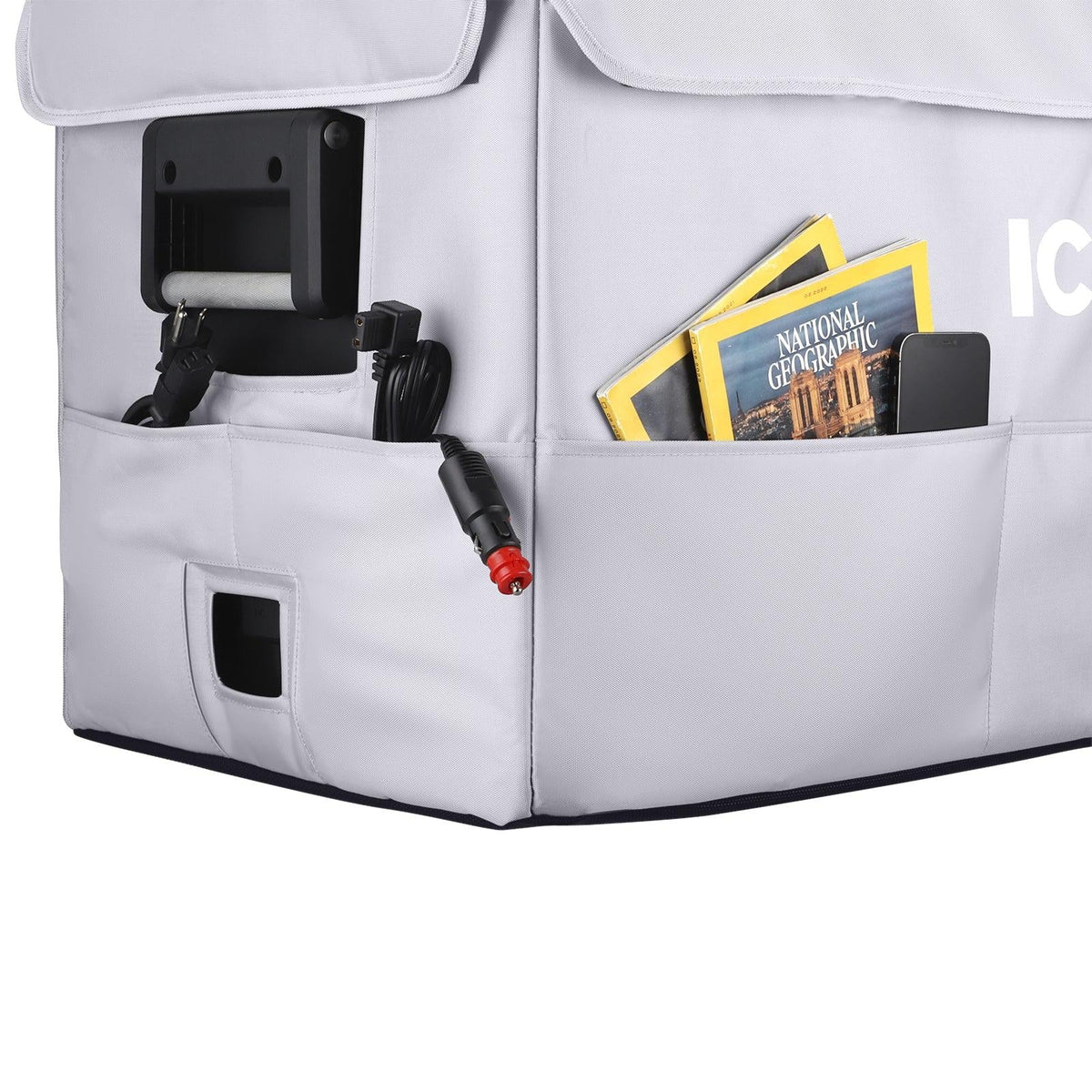 ICECO insulated protective cover on a VL75ProD dual zone fridge, gray
