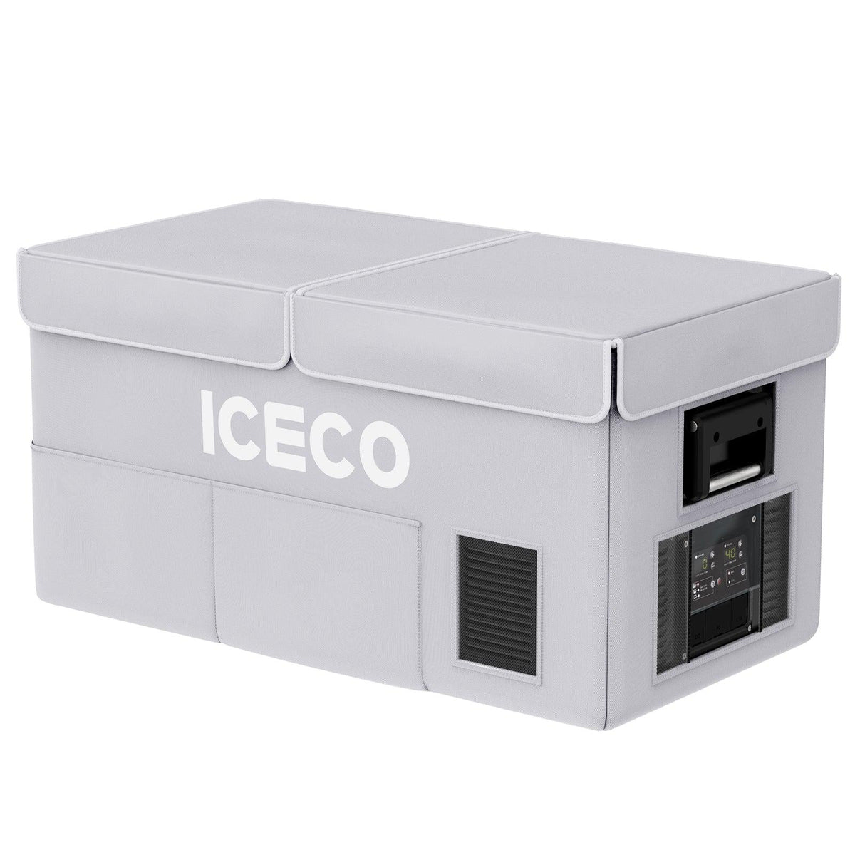 ICECO insulated protective cover on a VL75ProD dual zone fridge, gray