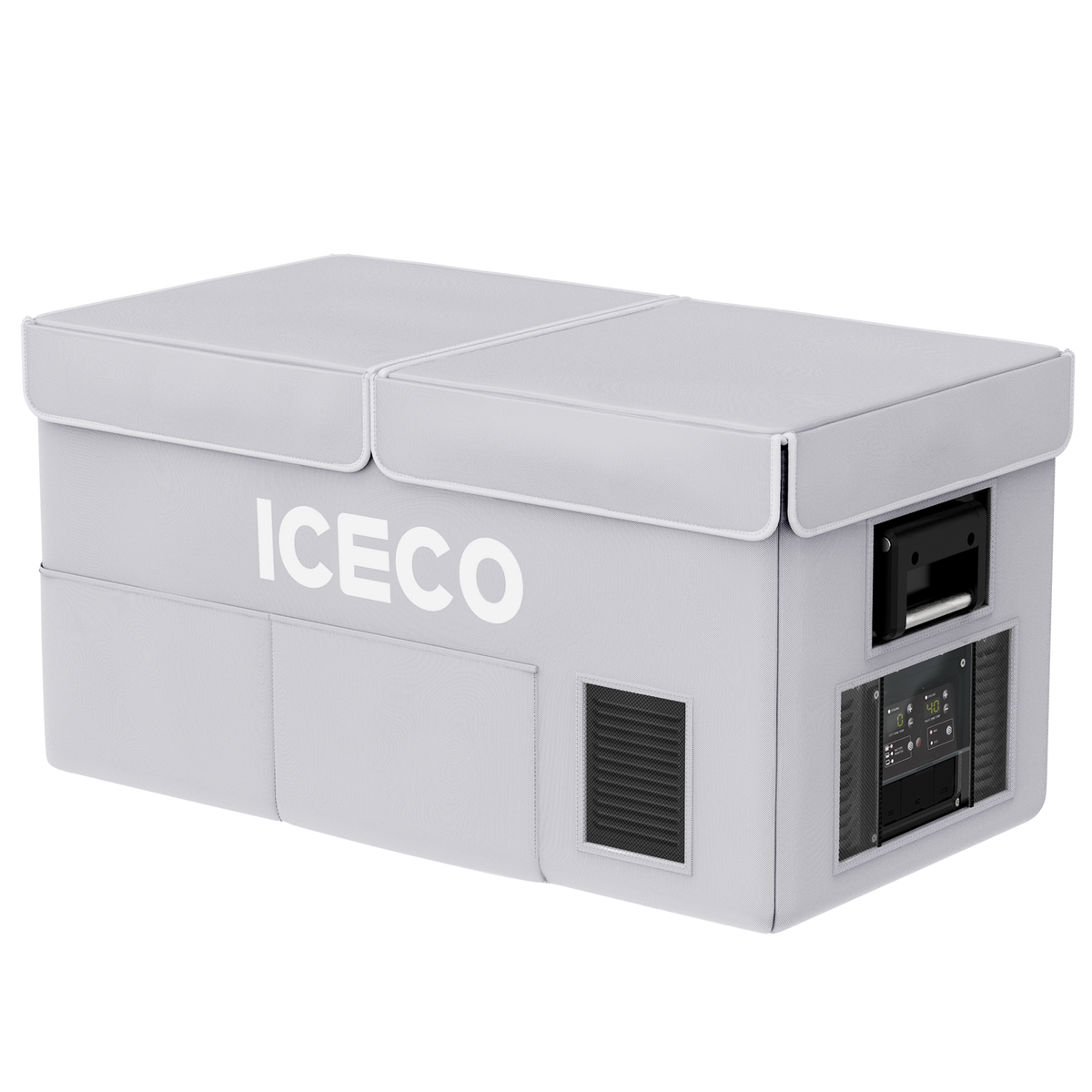 ICECO insulated protective cover on a VL90ProD dual zone fridge, gray