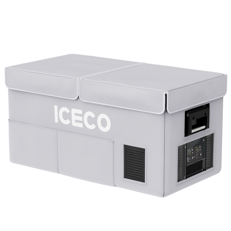 ICECO insulated protective cover on a VL90ProD dual zone fridge, gray