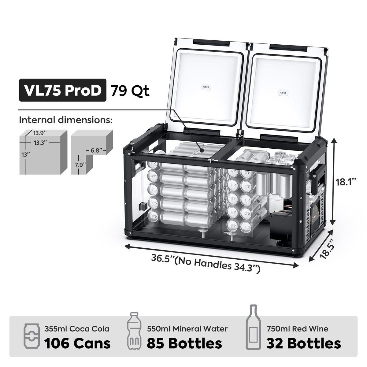 ICECO VL75ProD dual zone portable fridge freezer, black