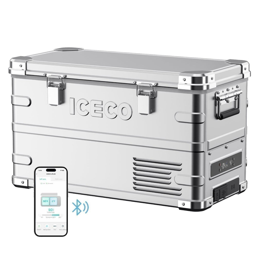 ICECO APL35 37QT dual zone aluminum fridge freezer in silver with app on phone