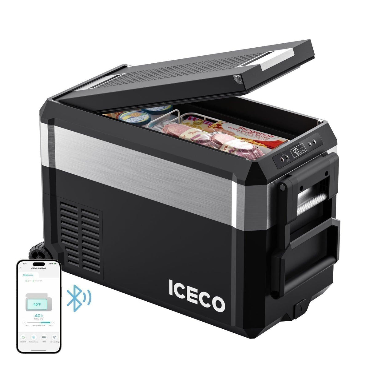 ICECO JP40 Pro wheeled portable fridge freezer with the lid open and the ICECO app on a phone
