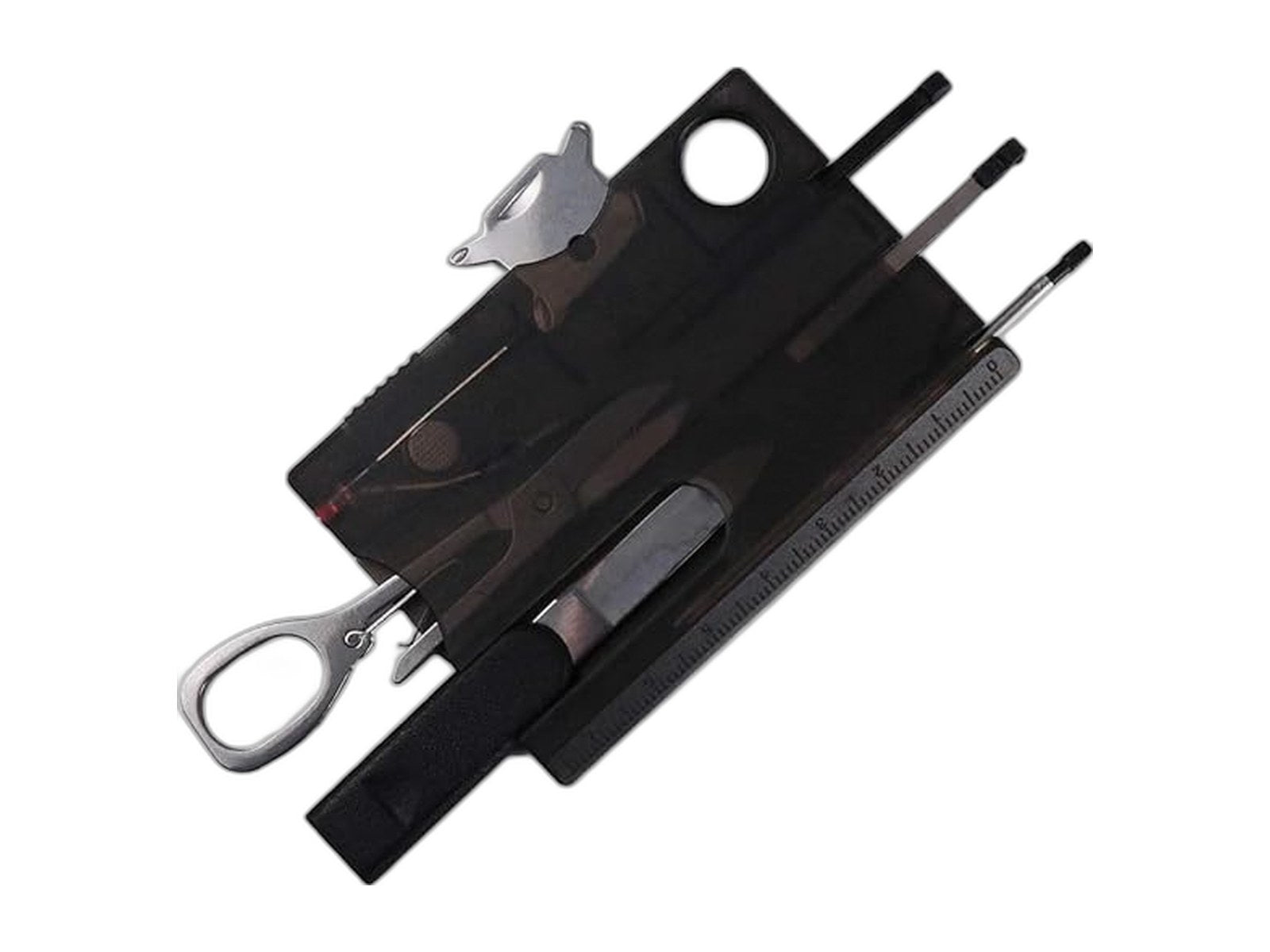 black 12 in 1 pocket multi tool credit on white background