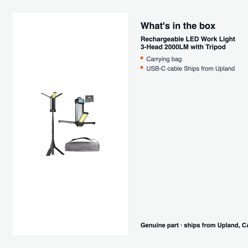 Rechargeable LED Work Light 3-Head 2000LM with Tripod - what is in the box