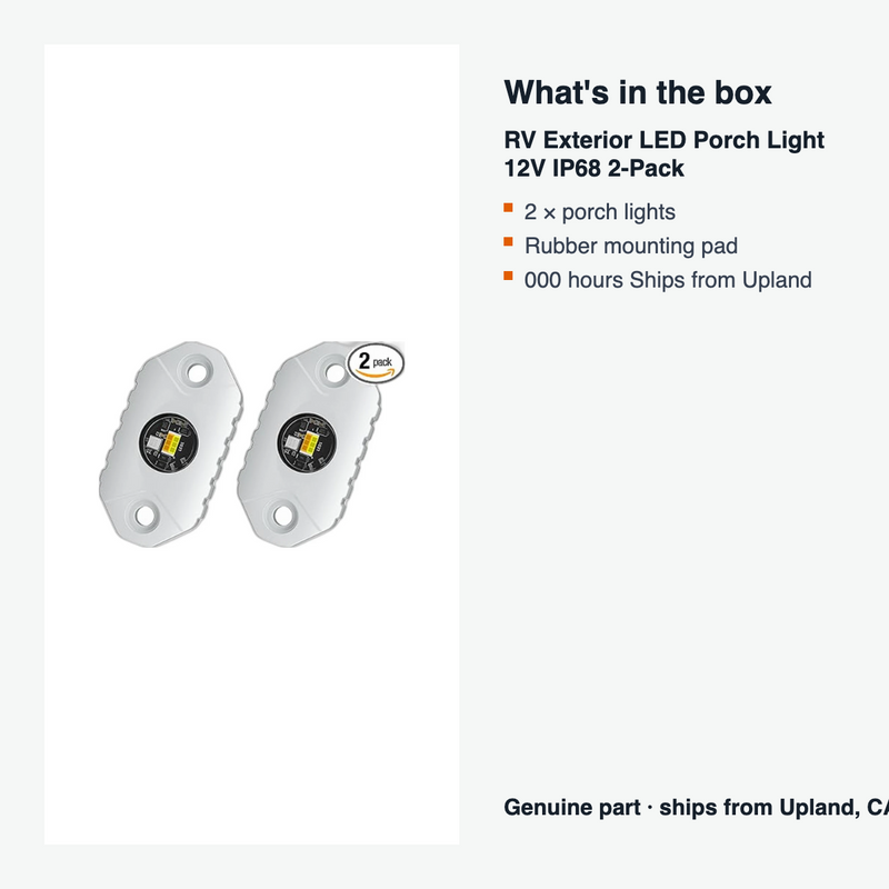RV Exterior LED Porch Light 12V IP68 2-Pack - what is in the box